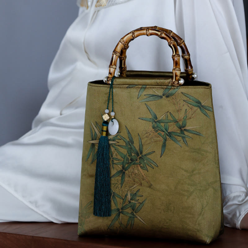 Yellow Green Bamboo Leaves Bamboo Handles Handbag
