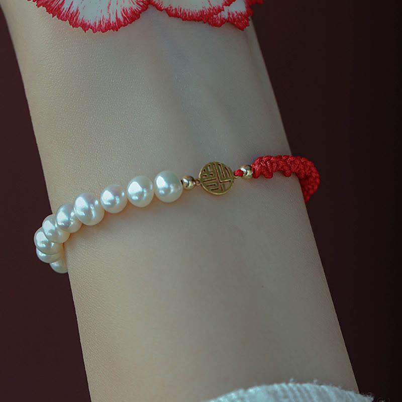 14K Gold Plated Pearl and Prosperity Symbol Braided Red String Bracelet