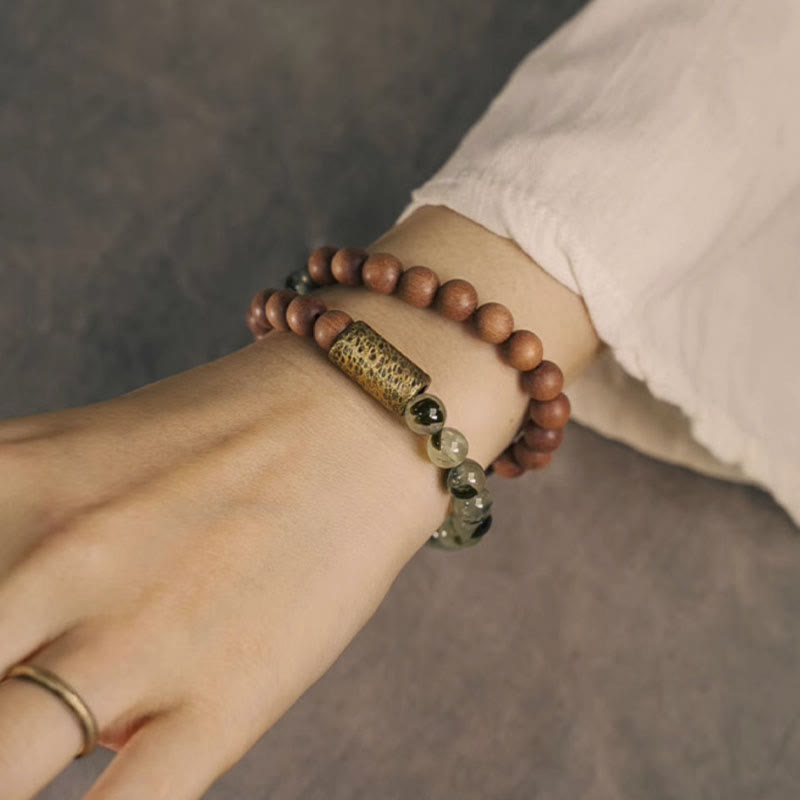 Natural Green Rutilated Quartz & Sandalwood Beaded Bracelet with Copper Accents