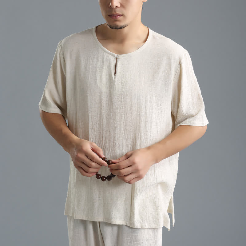 Breathable Cotton-Linen Crew Neck Short Sleeve Meditation Shirt