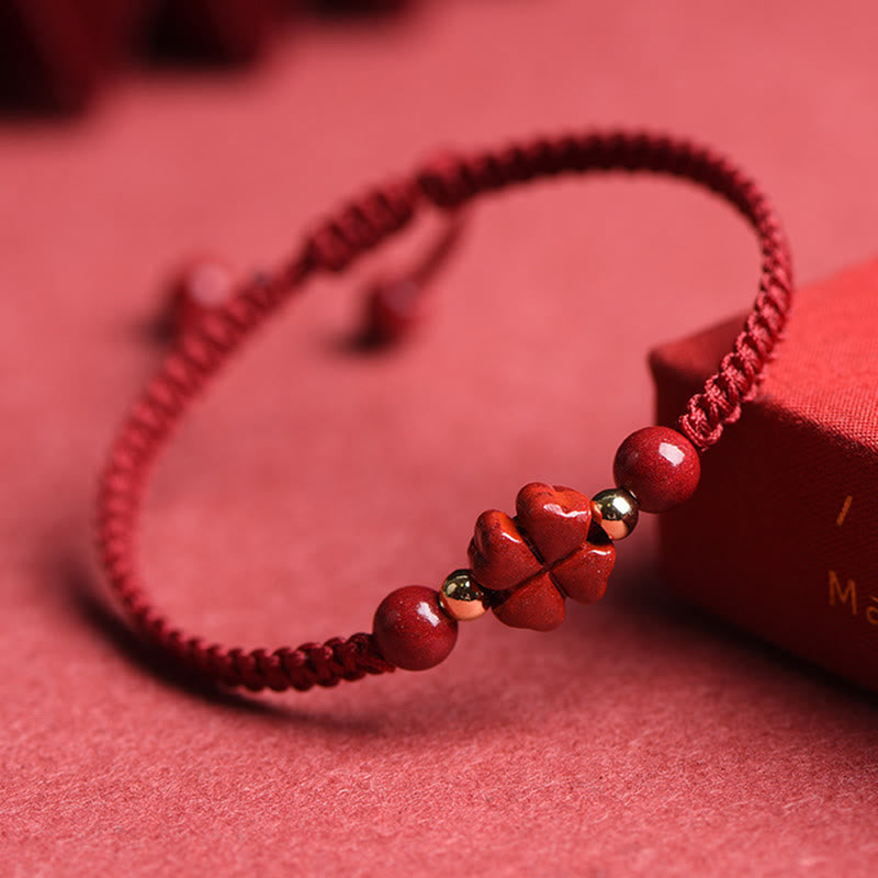 Hand-Woven Red String Cinnabar Clover and Flower Charm Bracelet