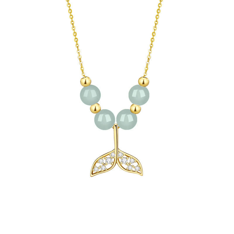 925 Sterling Silver Hetian Jade Bead Fishtail Luck Necklace Pendant