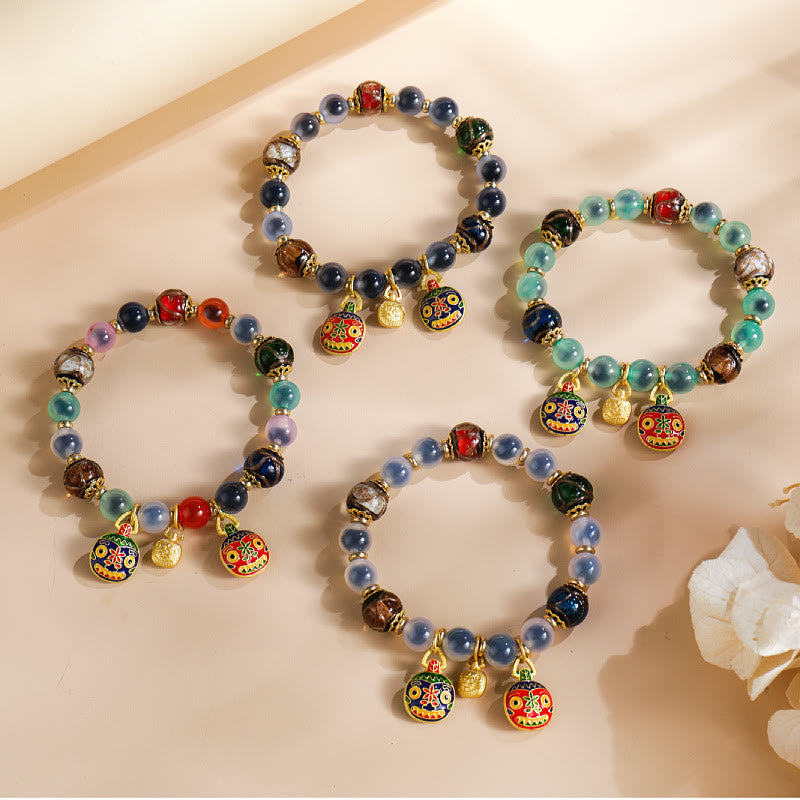 Vibrant Candy Agate & Liuli Beaded Bracelet with Gold Swallowing Beast Family Charm