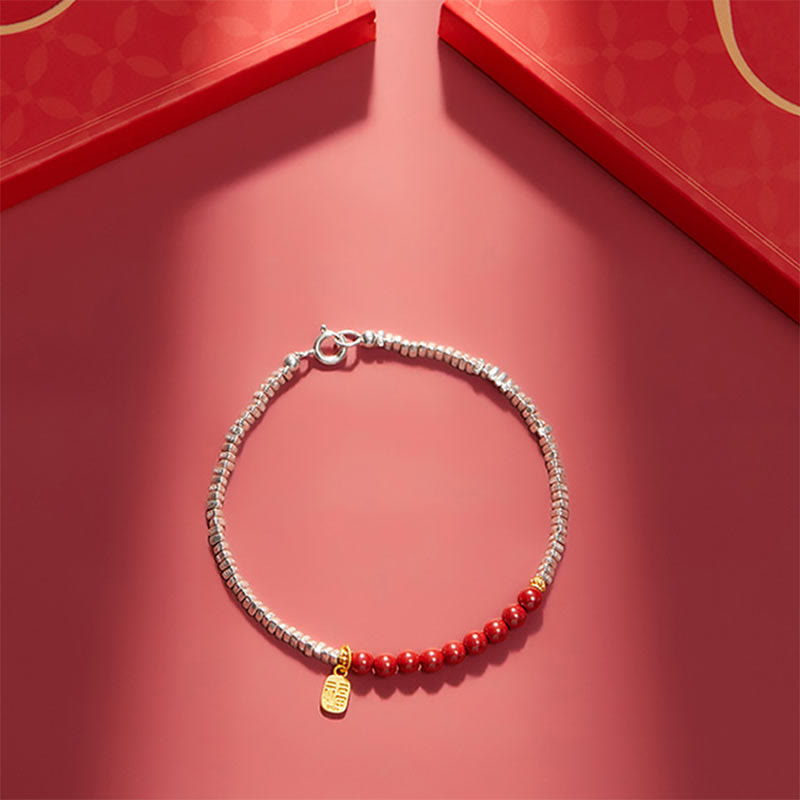 925 Sterling Silver Cinnabar Fu Character Blessing Bracelet