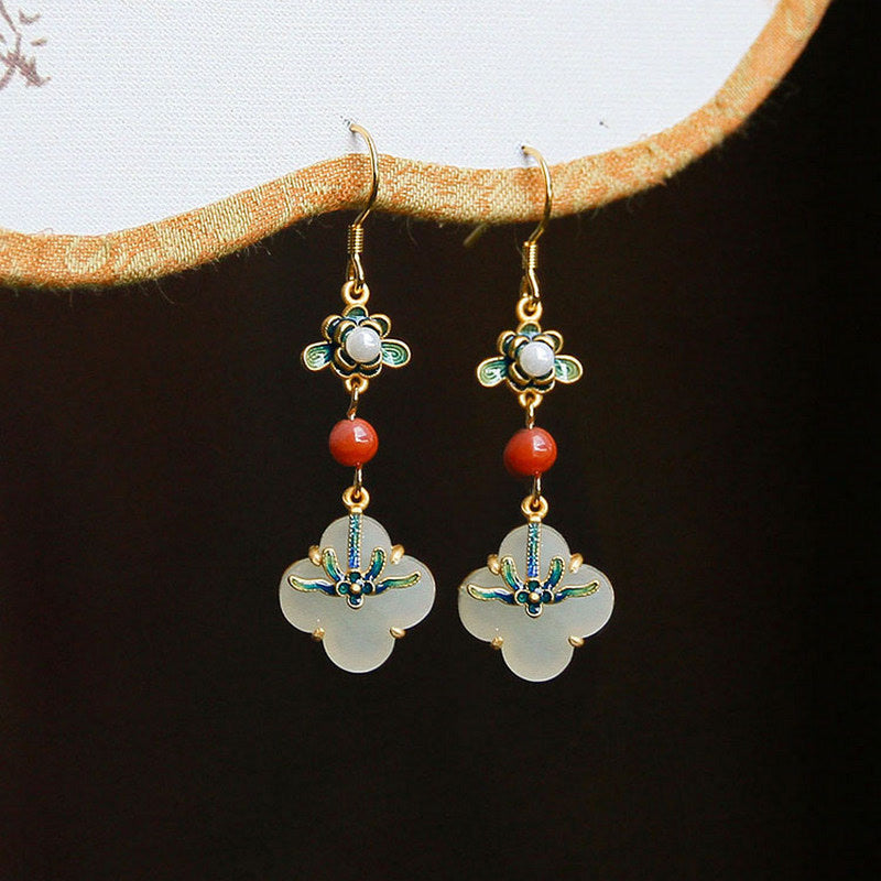 Lucky Four Leaf Clover Jade Abundance Copper Earrings