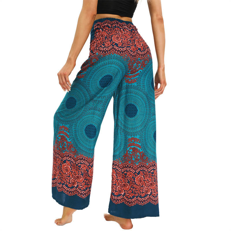 Bohemian Compass Flower Print Lace-up Wide Leg Pants Women's Yoga Pants