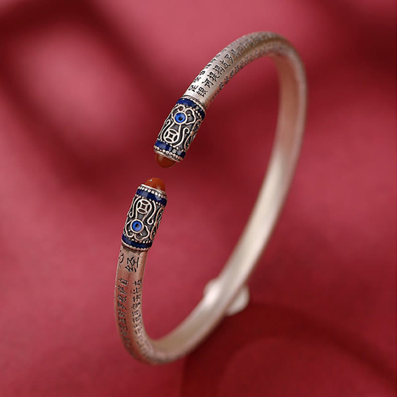 999 Sterling Silver Heart Sutra Engraved Red Agate Protection Bracelet Bangle