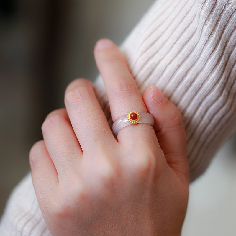 White Agate Cyan Jade Turquoise Red Agate Luck Protection Ring
