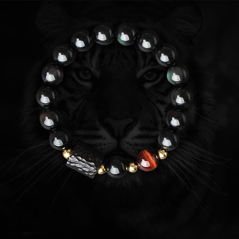Ebony Wood & Black Obsidian Gold Sterling Silver Tiger Eye Beaded Couple Bracelet