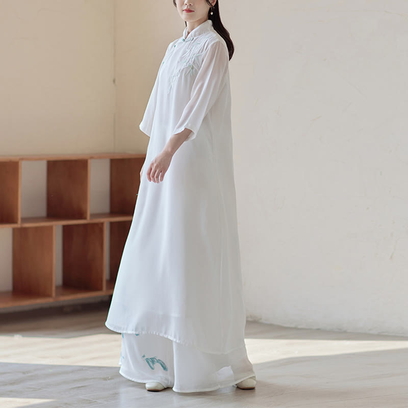 Bamboo Cheongsam Dress Midi Dress Wide Leg Pants Meditation Spiritual Zen Practice Clothing