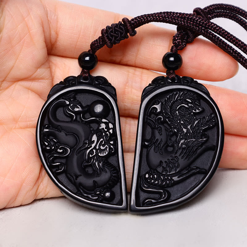 Black Obsidian Love Dragon Phoenix Protection Necklace Pendant