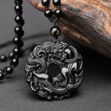 Natural Black Obsidian Peace Buckle Pixiu Purification Necklace Pendant