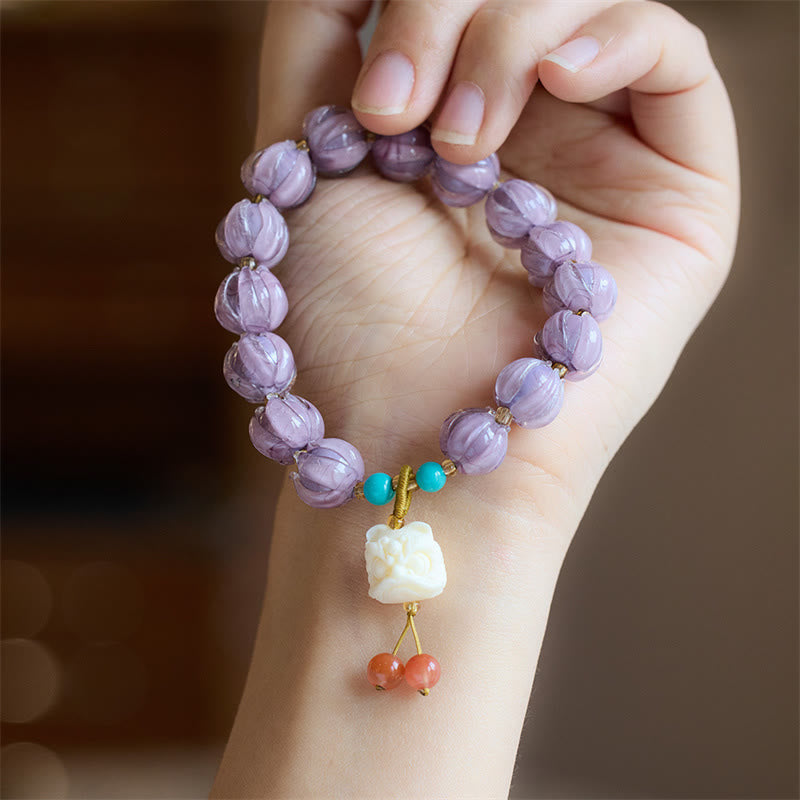 Guardian Lion & Lotus Charm Fluorite Liuli Glass Beaded Bracelet