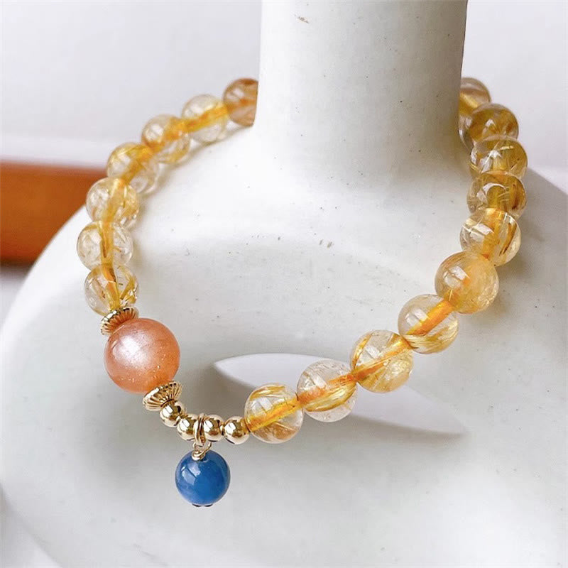 Natural Gold Rutilated Quartz Sun Stone Kyanite Wealth Bracelet