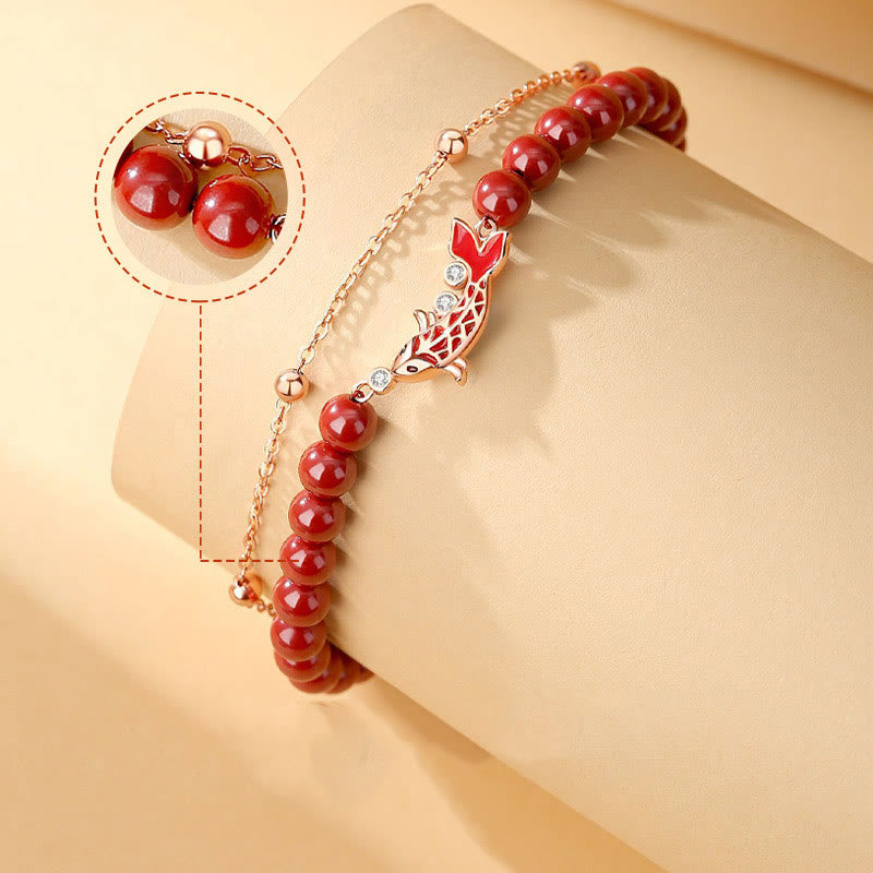 Polished 925 Sterling Silver Koi Fish Charm Bracelet with Cinnabar and Zircon Double Layer Chain