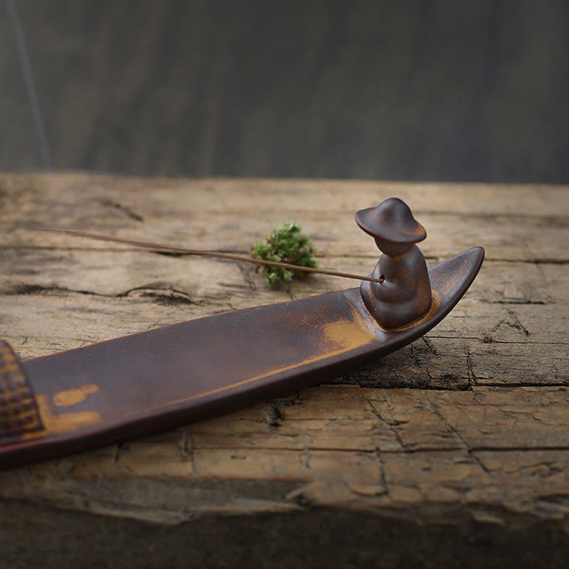 Handcrafted Ceramic Fisherman Zen Scene Healing Incense Burner