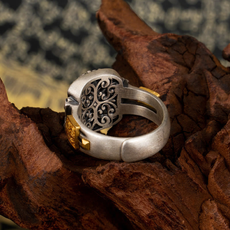 925 Sterling Silver & Gold Zakiram Dzi Bead Adjustable Ring