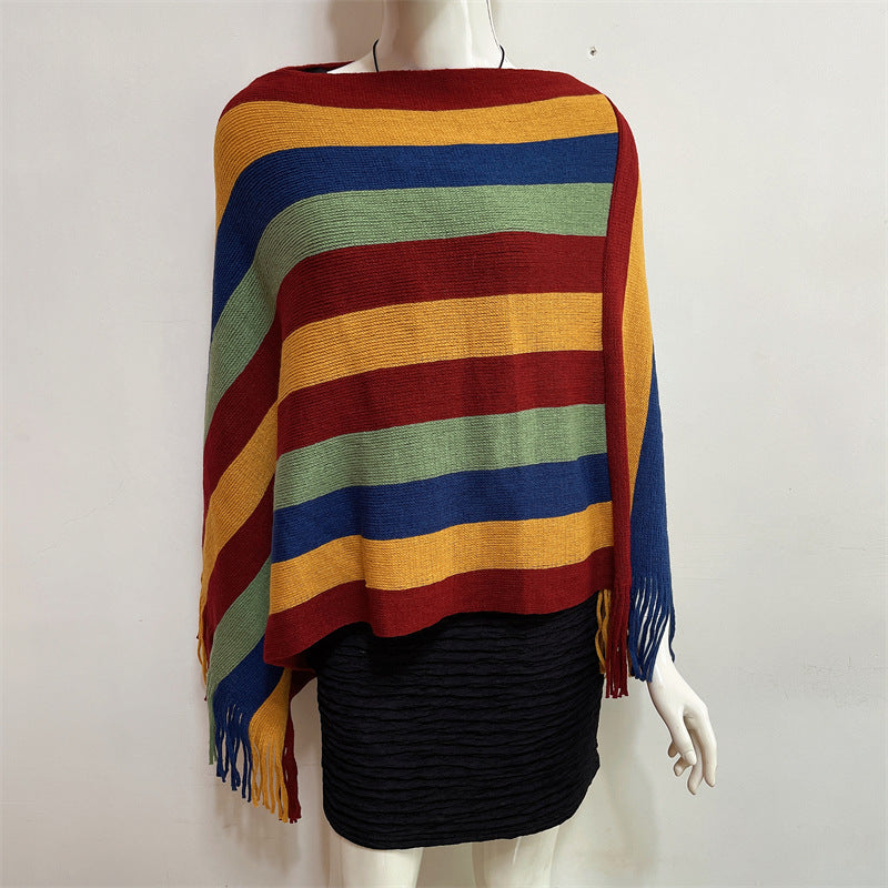 Knitted Striped Tassel Pullover Meditation Shawl Wrap