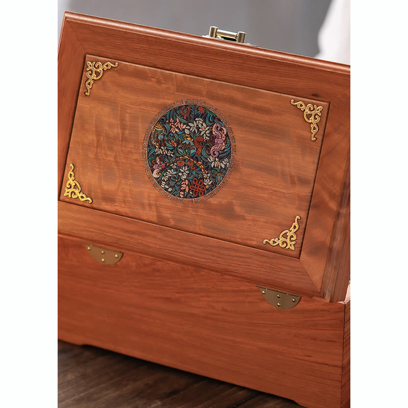 Handmade Antique Rosewood Double Layer Lockable Flower Jewelry Storage Box