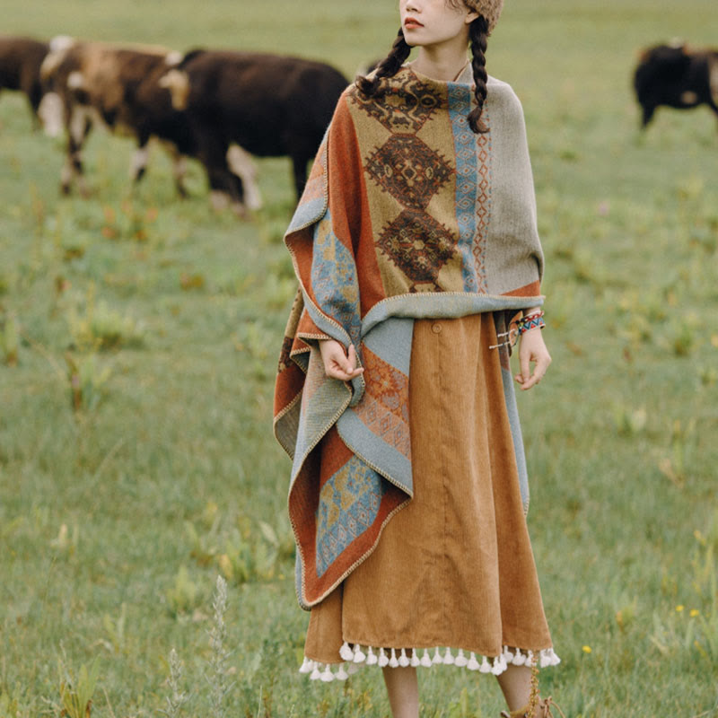 Tibetan Shawl Diamond Pattern Winter Warm Cloak Scarf