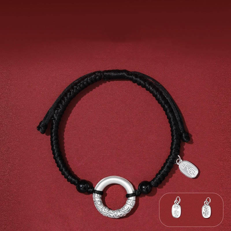 925 Sterling Silver Black Onyx Peace Buckle Fu Character Charm Bracelet