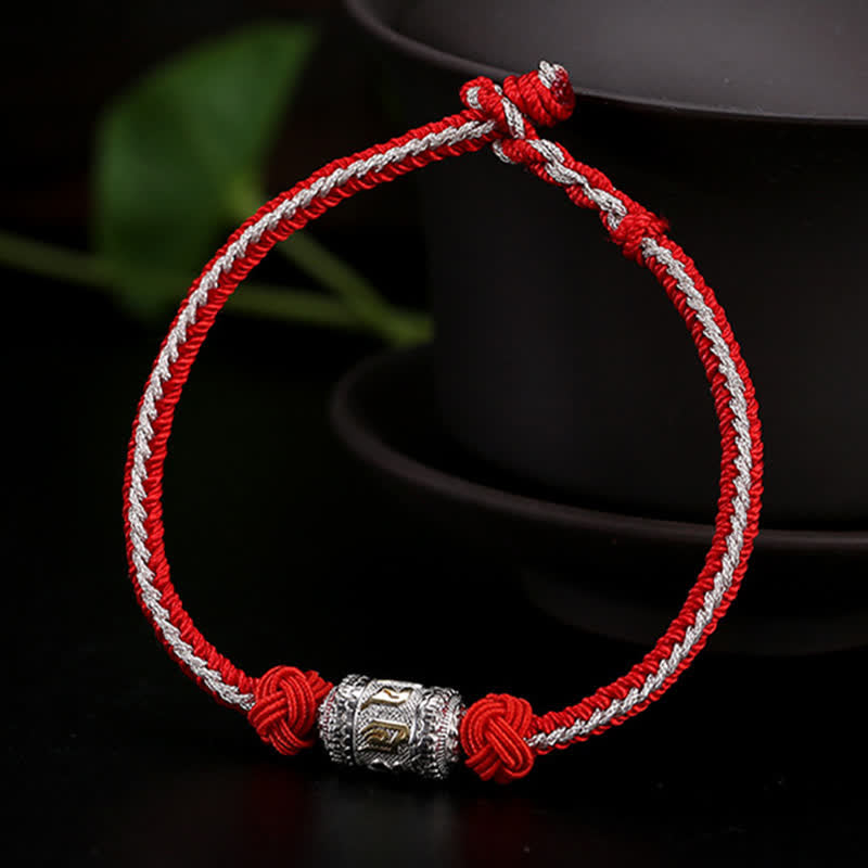 925 Sterling Silver Om Mani Padme Hum Prayer Wheel Luck Strength Red String Bracelet