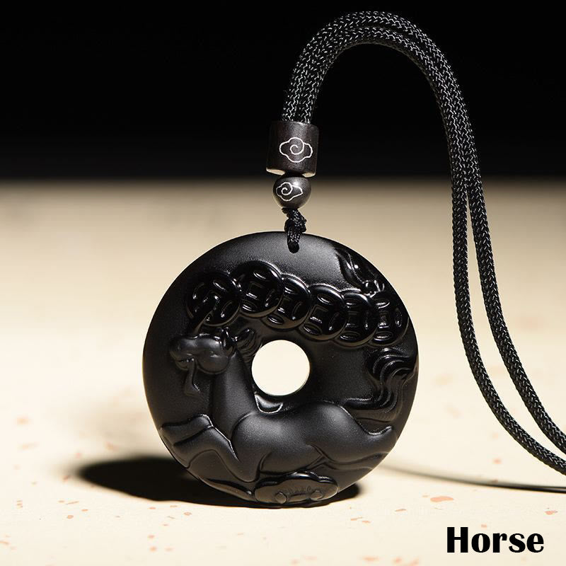 Chinese Zodiac Natural Black Obsidian Peace Buckle Strength Necklace Pendant