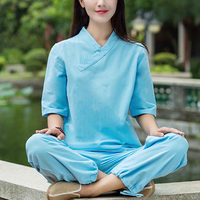 2Pcs Half Sleeve V-Neck Shirt Top Pants Meditation Zen Tai Chi Linen Clothing Women's Set