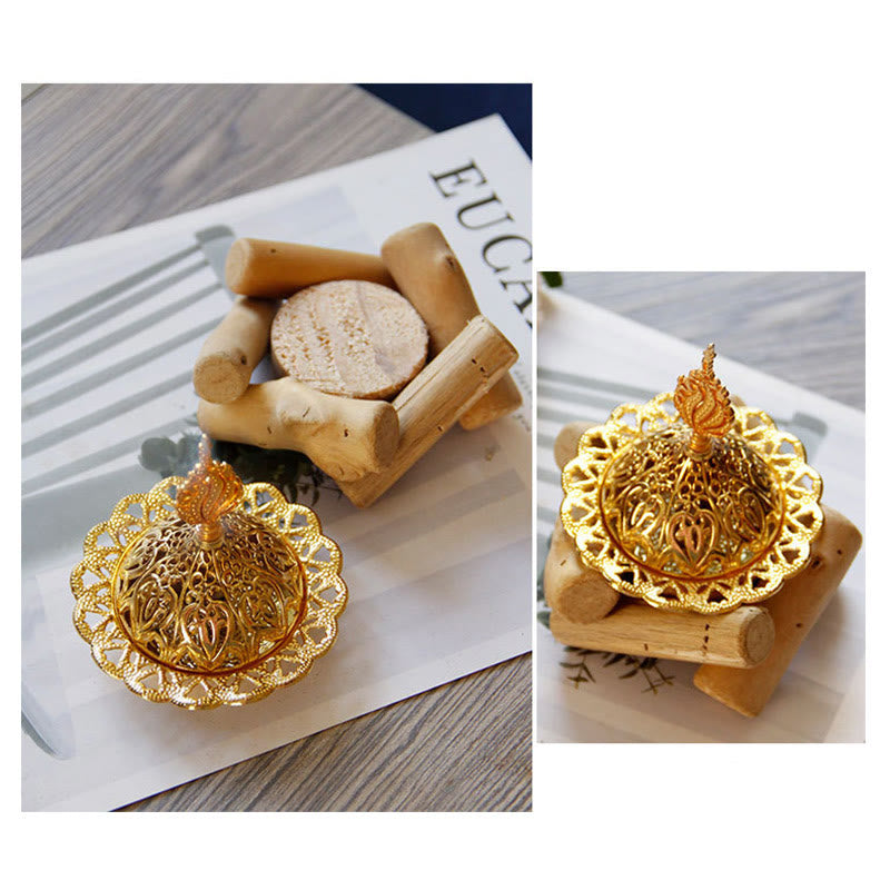 Mini Gold Alloy Buddha Incense Burner with Protective Wooden Coaster