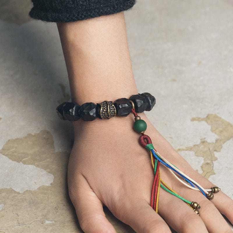 Tibetan Ebony Wood and Copper Peace Tassel Agate Wrist Mala