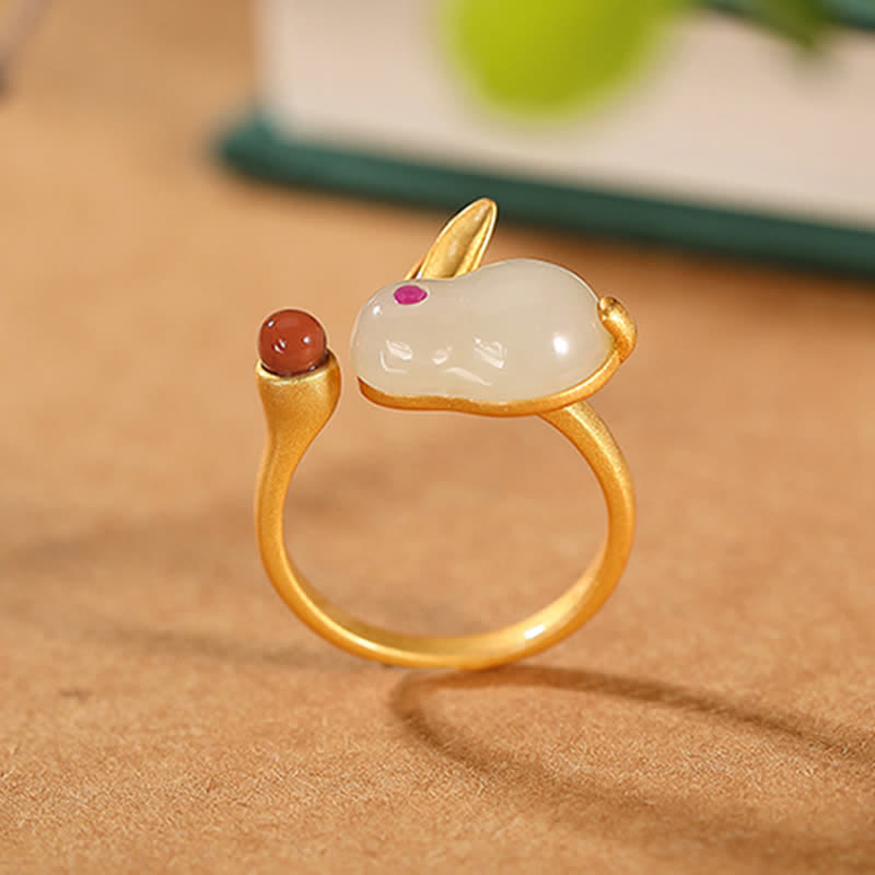 925 Sterling Silver Year of the Rabbit Hetian Jade Luck Ring Earrings Necklace Pendant