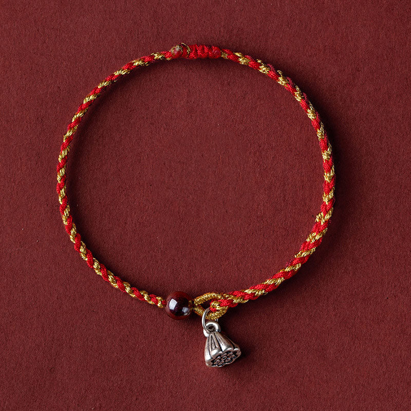 Handcrafted Red Gold Rope Lotus Peace And Joy Charm Braid Bracelet
