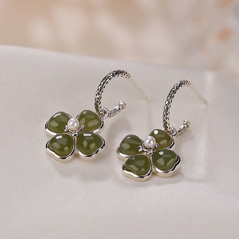 Natural Jade and 925 Sterling Silver Four-Leaf Clover Stud Earrings