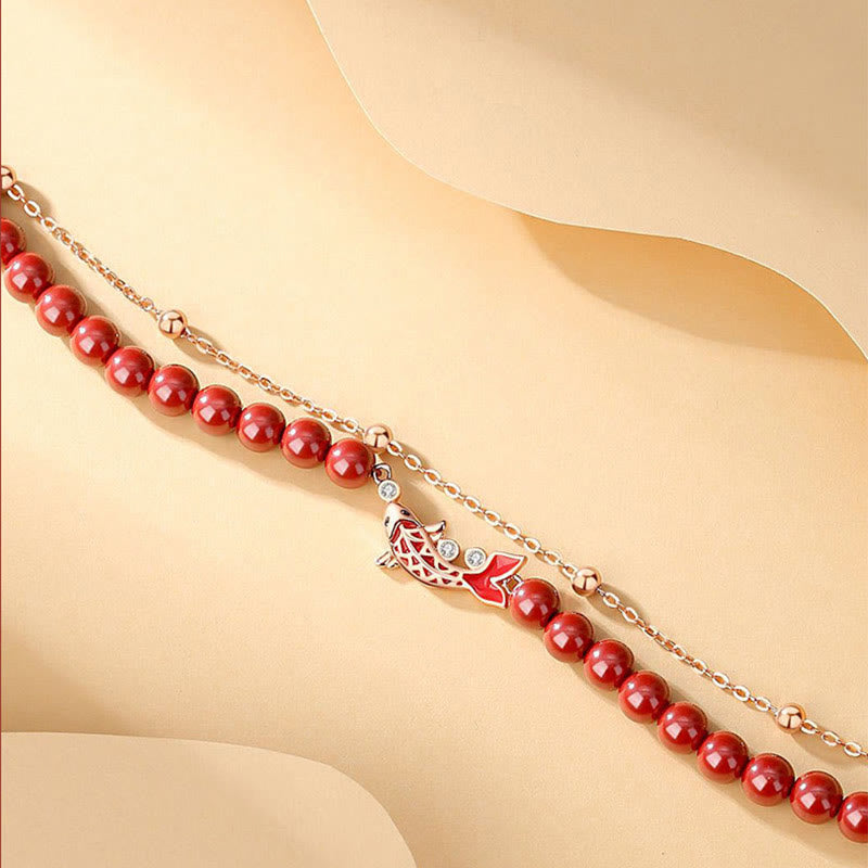 Polished 925 Sterling Silver Koi Fish Charm Bracelet with Cinnabar and Zircon Double Layer Chain