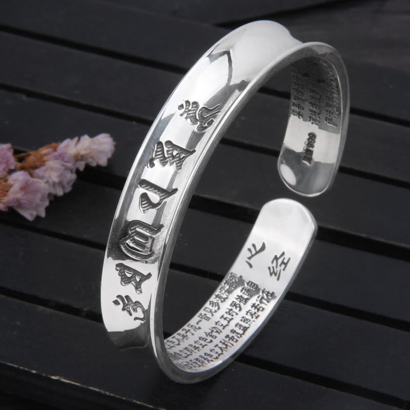 999 Sterling Silver Om Mani Padme Hum Heart Sutra Love Peace Bracelet Bangle