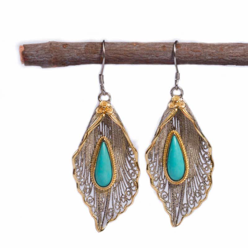 Bodhi Leaf Pattern 925 Sterling Silver Turquoise Dangle Drop Earrings