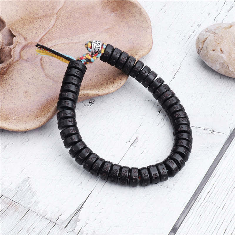 Handmade Engraved Om Mani Padme Hum Coconut Shell Bead Tibetan Bracelet