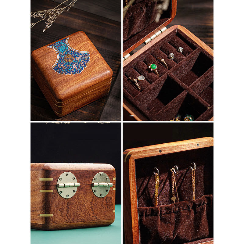 Antique Hand-Carved Rosewood Jewelry Storage Box with Floral Leaf Detail