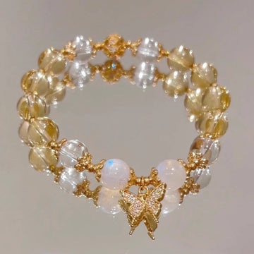 Citrine Moonstone & Clear Quartz Butterfly Charm Beaded Bracelet