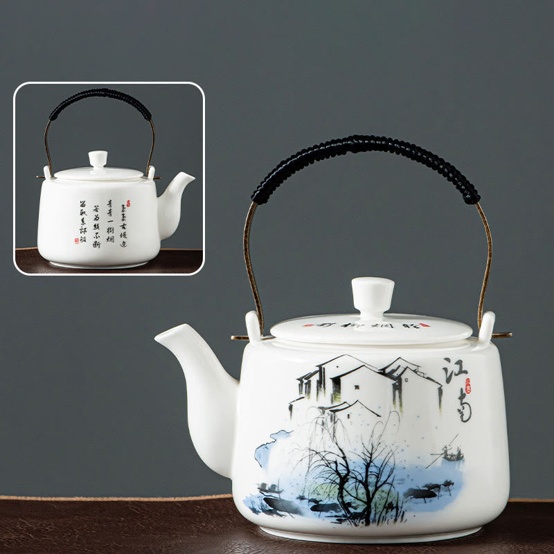 Vintage Dragon Mountain Fisherman Landscape White Porcelain Ceramic Kung Fu Teapot