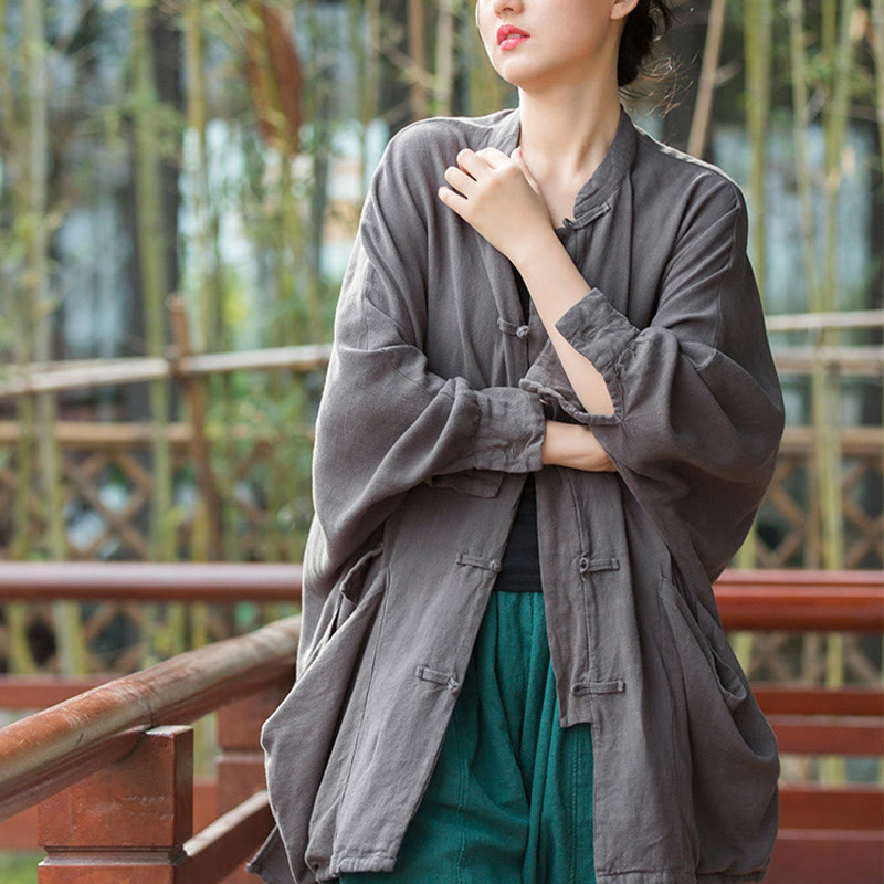 Frog-Button Long Sleeve Zen Meditation Open Front Jacket With Pockets