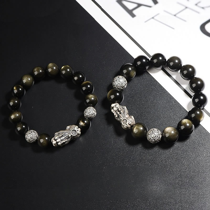 925 Sterling Silver Natural Gold Sheen Obsidian PiXiu Wealth Protection Bracelet