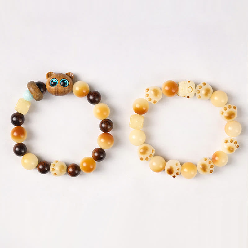 Natural Bodhi Seed Sandalwood Lucky Cute Cat Head Paw Claw Peace Bracelet