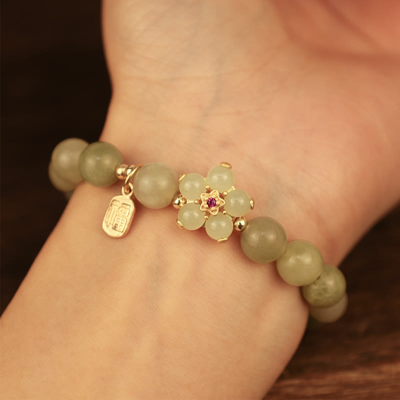 Green Jade Flower Fu Character Charm Luck Bracelet