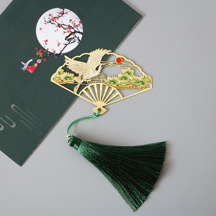 Traditional Butterfly Lotus Flower Crane Dragon Phoenix Fox Koi Fish New Beginning Metal Brass Hollow Fan Bookmarks