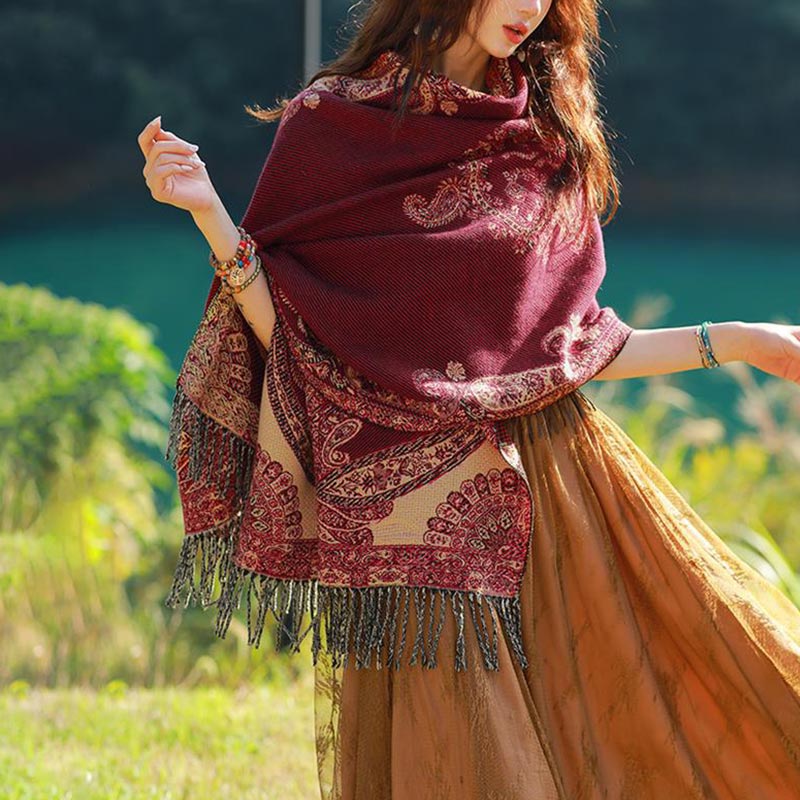 Tibetan Vine Leaves Pattern Design Shawl Cozy Travel Scarf Wrap