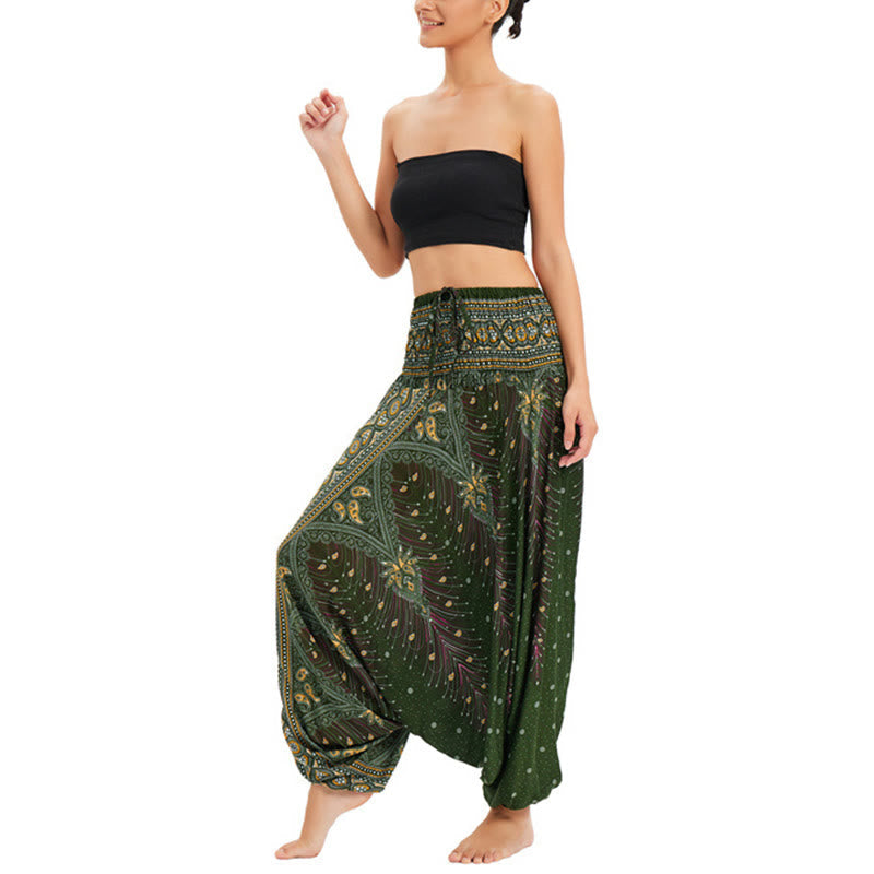 Two Style Wear Peacock Feather Loose Smocked Harem Trousers Jumpsuit High Waist Pants