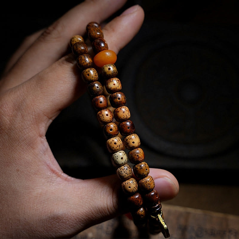 Tibetan Bodhi Seed Amber Dzi Bead Agate Zakiram Goddess of Wealth Beads Triple Wrap Bracelet