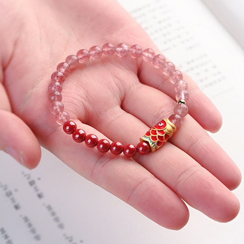 Natural Strawberry Quartz Cinnabar Lucky Koi Fish Healing Bracelet
