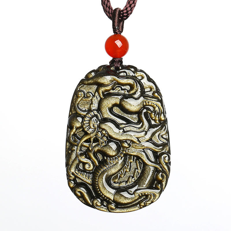 Gold Sheen Obsidian Dragon Pattern Success Necklace Pendant